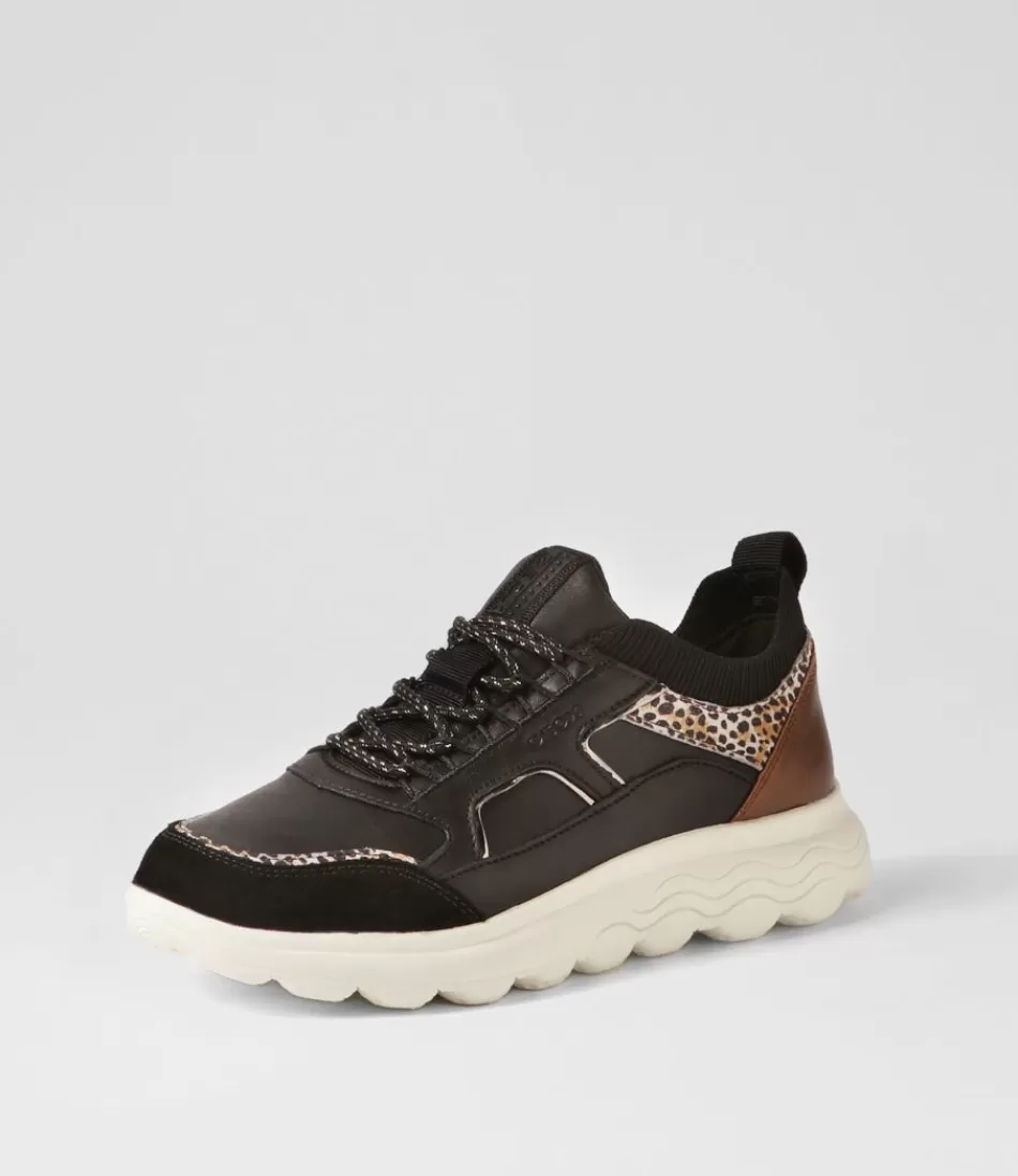 Women GEOX Comfort<D Spherica C Black Off White Leather Sneakers