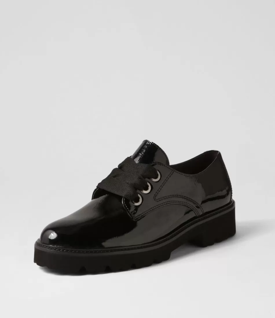 Women GABOR Comfort<Lina Schwarz Patent Leather Lace Up Flats